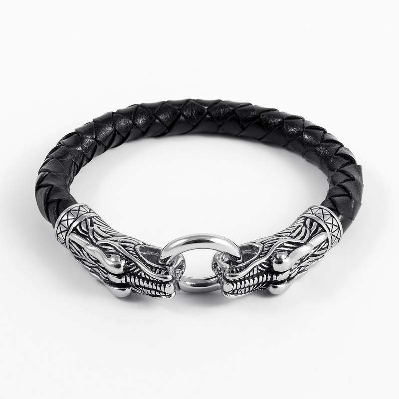 Pulsera Jormungand Acero Inoxidable Cuero Celtic Mjolnir Brazalete Vikingo Unisex