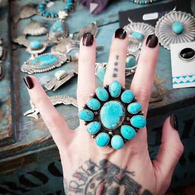 Sterling Kingman turquoise statement concho ring Native American Indian ...