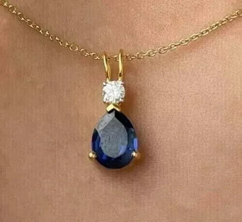 Pear Cut Sapphire & Lab Created Diamond Wedding 14k Yellow Gold Finish Pendant - Picture 1 of 7