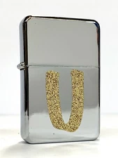 Initial ‘U’ Gold Glitter Letter Chrome Flip Top Oil Lighter Windproof Flame