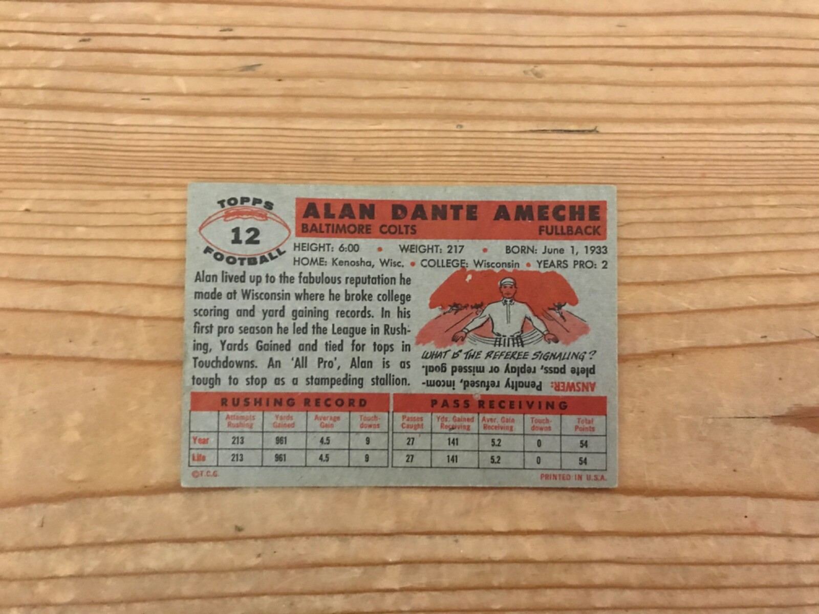 1956 Topps Alan Ameche 12 Heisman Trophy winner 1954 nickname "Iron