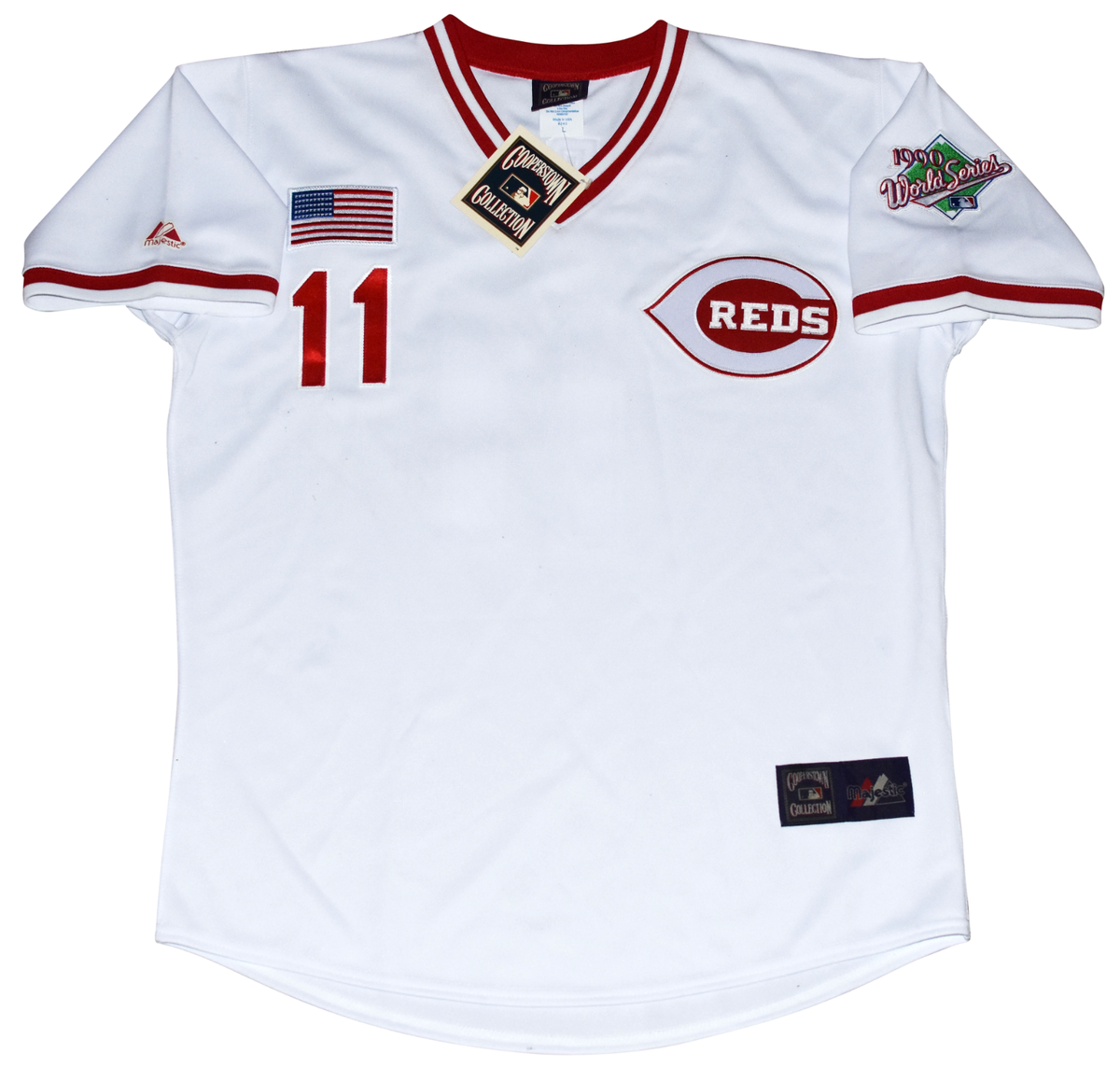 BARRY LARKIN SIGNED CINCINNATI REDS 1990 WORLD SERIES #11 MAJESTIC