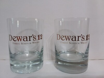 Dewar's 12 Scotch Whisky Low Ball Heavy Bottom Glasses w/ Logo Set of 2  A9