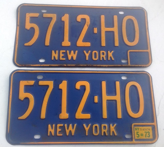 Vintage New York 70's Custom License Plate Pair, 5712HO, Orange on