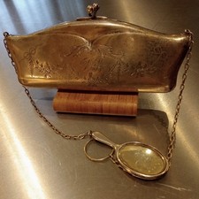 Antique Rigid  Silver Engraved Floral Handbag ,Chain + Sterling Silver Mirror 