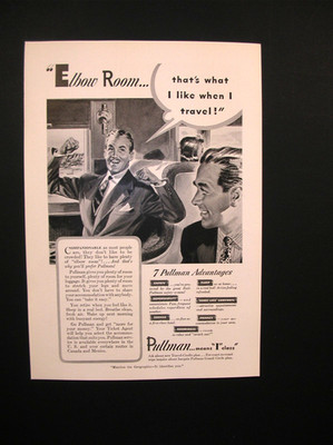 1941 Pullman Train Cars Print Ad, ELBOW ROOM, That's What I Like Illustration