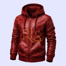 Men's Red Distressed Style Leather Front Zipper Hoodie Lambskin Leather Hoodie