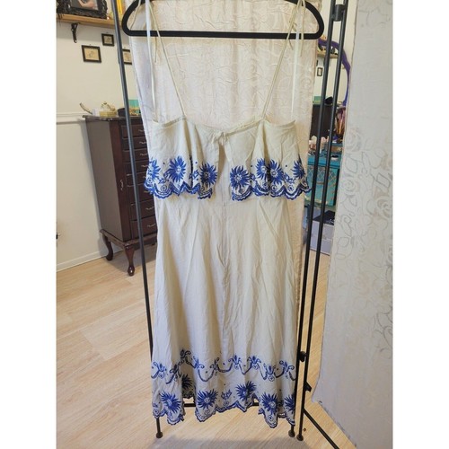 Neuf Taille L Cleobella Inez Brodé Cravate Bracelet Niveaux Bleu Blanc Midi Robe - Photo 8 sur 8