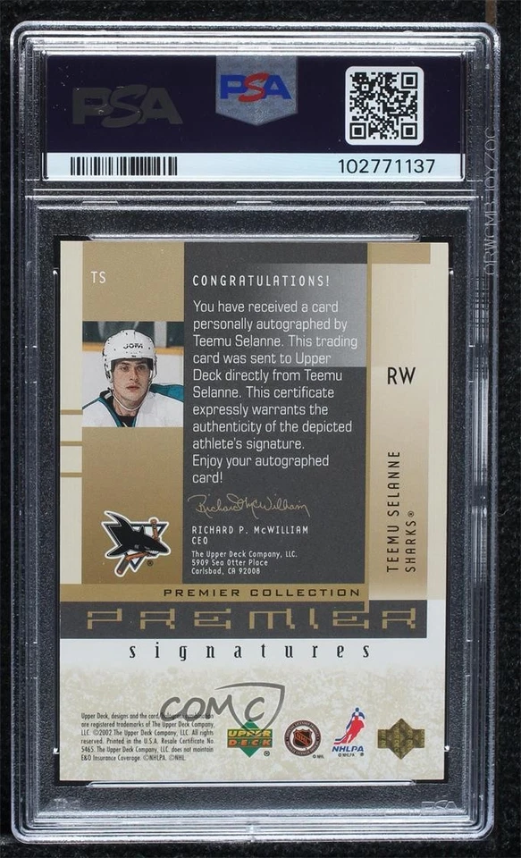 2001 Upper Deck Premier Collection Signatures Teemu Selanne PSA 9 MINT Auto HOF - Image 2 of 2