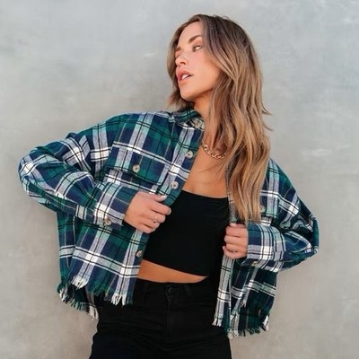 MABLE Oversized Plaid Flannel Frayed Hi-Lo Hem Cropped Boxy Fit Size Small