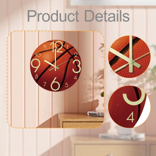 Basketball Wall Clock 12" Modern Decorative Clock for Studio Bedroom Office - Picture 4 of 5