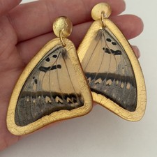 Vintage Dried Butterfly Wing Ladies Pierced Gold Tone Big Dangle Earrings 2.5"