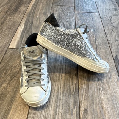 P448 Silver Glitter Low Top Leather Sneakers Women's Athletic Casual