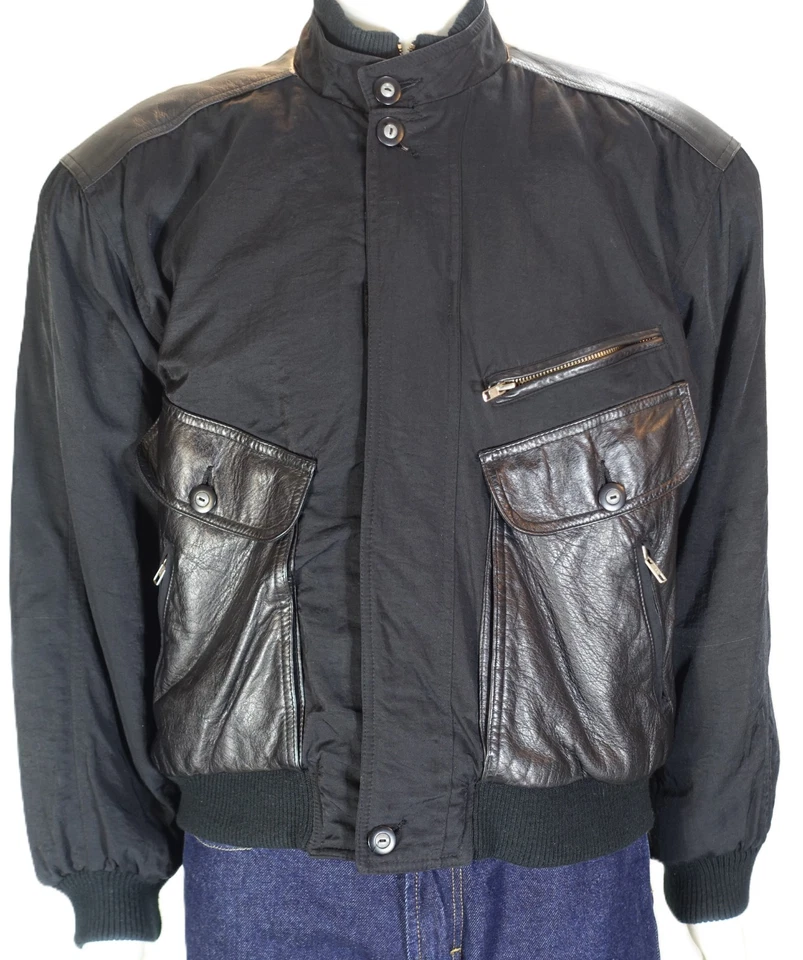 LIZ WEAR~MINT!!~VINTAGE BLACK LEATHER & NYLON MENS M 1990'S BOMBER JACKET - Image 3 of 4