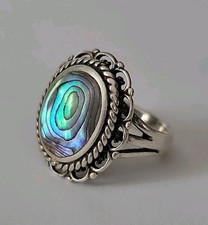 Vintage Southwestern Style Abalone Shell Sterling Silver Ring Size 7.5-.75