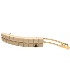 CHANEL Barrette 04A Coco Mark Chocolate Bar Quilted Logo Gold Beige Accessories