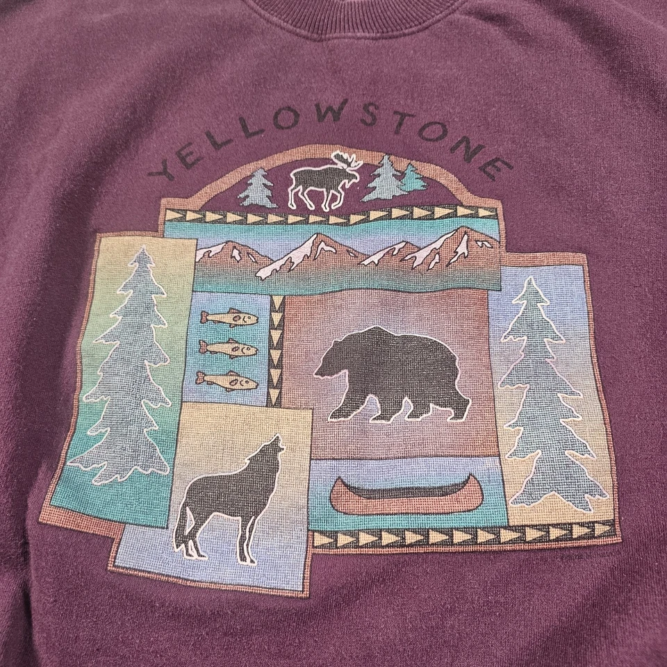 Moletom vintage Yellowstone gola redonda anos 90 roxo vida selvagem urso lobo tamanho XL - Imagem 2 de 4