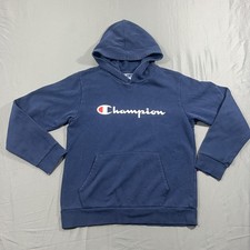 Champion Boys Hoodie Youth Large 14/16 Blue Pullover Sweatshirt Logo Spell Out