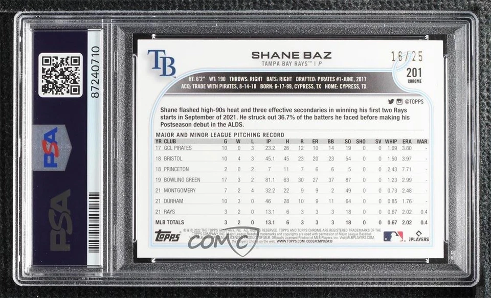 2022 Chrome Sonic Orange & Black Pulse Refractor /25 Shane Baz PSA 10 Rookie RC - Image 2 of 2