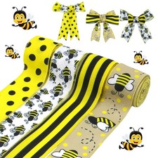 4 Rolls Bumble Bee Ribbon, Yellow Honeybee Wired Edge Burlap Ribbon for Wreaths,