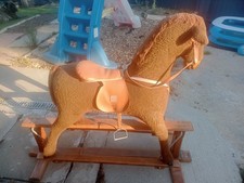 Vintage Classic Brown Plush Rocking Horse with Saddle, Bridle & Wooden Base