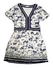 Tory Burch Dress L 100% Silk Blue Floral V-Neck Size XL Short Sleeve Classic