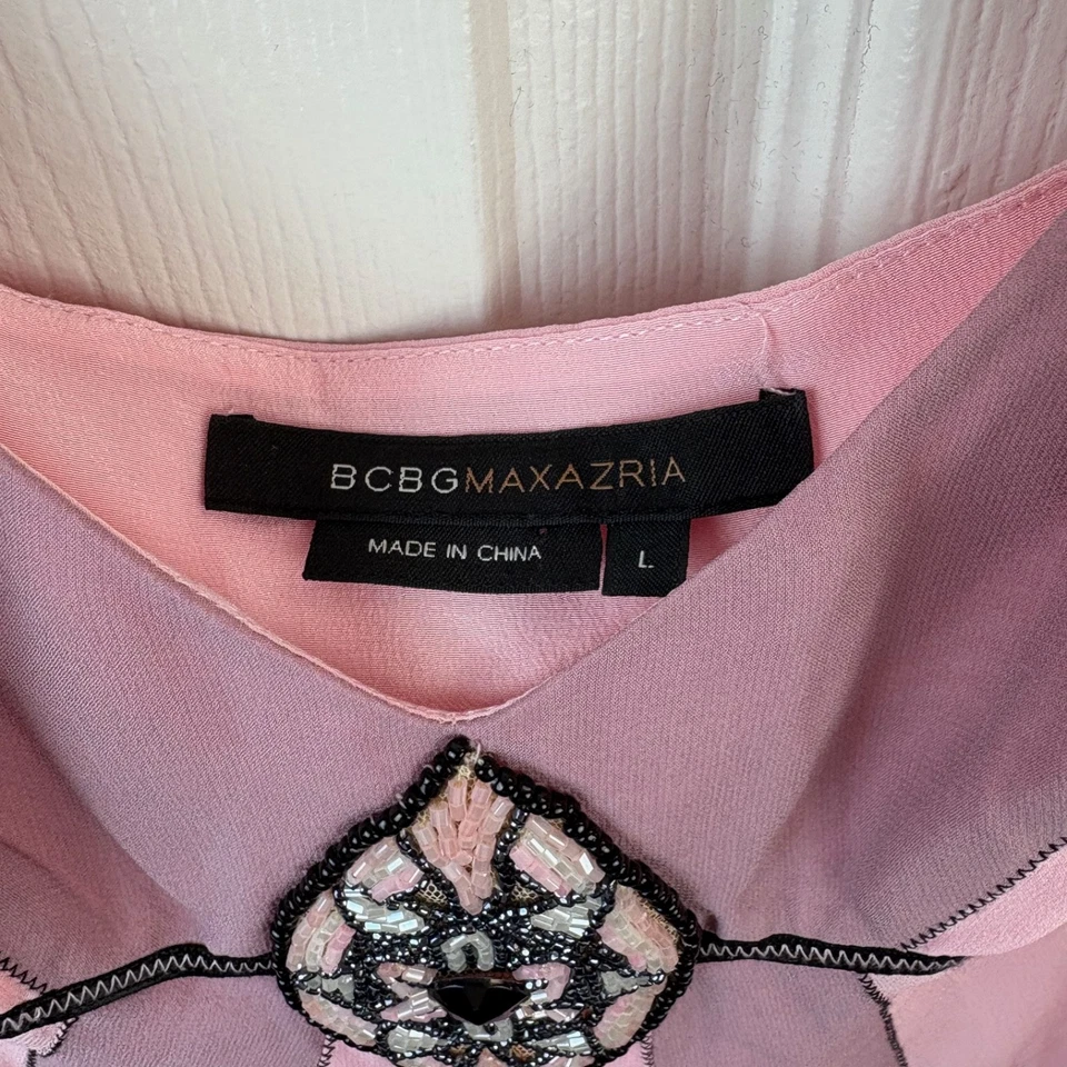 Para mujer BCBG Maxazria Y2K camiseta sin mangas de seda rosa negro con cuentas grande L pañuelo Foto 3 de 4