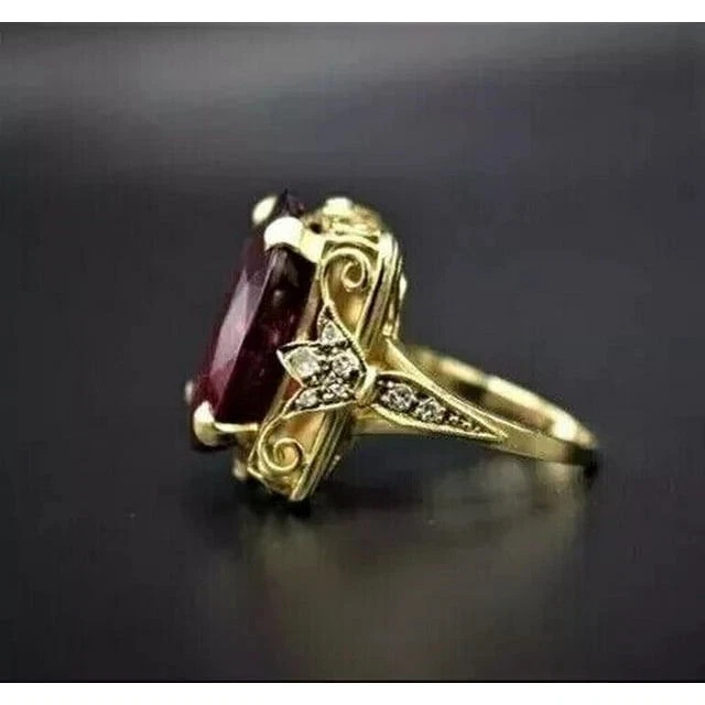 Anillo de regalo de cumpleaños para mujer con rubí rojo creado corte ovalado de 2,44 quilates de oro amarillo de 14 quilates Foto 3 de 4