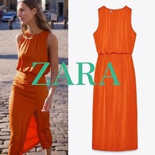 ZARA : Orange Gathered Midi Front Slit Lined Sleeveless Dress