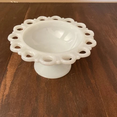 Vintage Original Milk Glass Open Work Lace Compote/Footed Bowl 3.375" x 7"