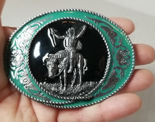 VTG 91 Siskiyou Belt Buckle Native American Warrior Horse Green Enamel USA