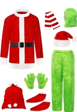 Christmas Green Big Monster Costume for Men, 10PCS Deluxe Furry Santa Claus...