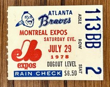1978 Andre Dawson HR #35 , rookie Bob Horner 2 HRs Ticket Stub Expos Braves 7/29