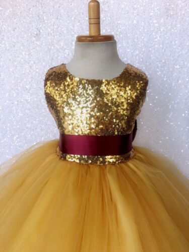 Sleeveless Mini Sequin Gold 2 Layer Tulle Junior Dress Wedding Flower Girl Party - Picture 11 of 35