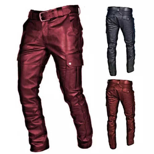 Jeans Uomo Steampunk Gotico Retrò Pantaloni Moto Pantaloni Vera Pelle - - Foto 4 di 15