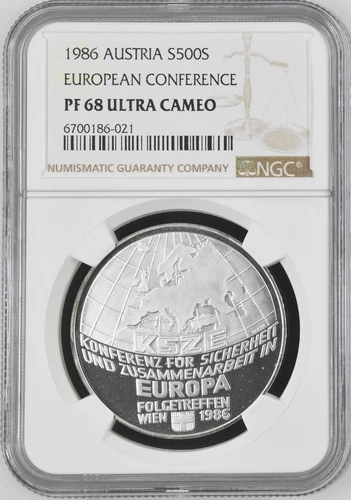 1986 Austria Silver 500 Schilling Proof - European Conference - NGC PF 68 UC