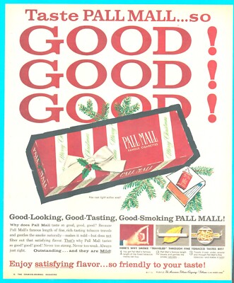 1960 PALL MALL Cigarettes tobacco smoking PRINT AD Christmas gift carton