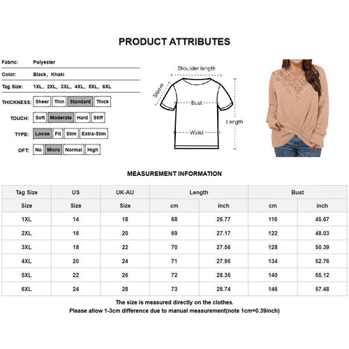 PLUS SIZE Womens V-Neck Lace Tops Casual Loose Blouse Long Sleeve Shirt Pullover - Picture 2 of 22