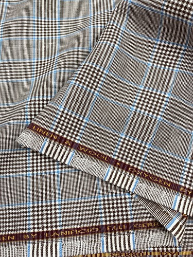CERRUTI OXYGEN Wool Linen Suiting Fabric Brown Blue White Plaid ITALY 1.97m - Picture 17 of 19