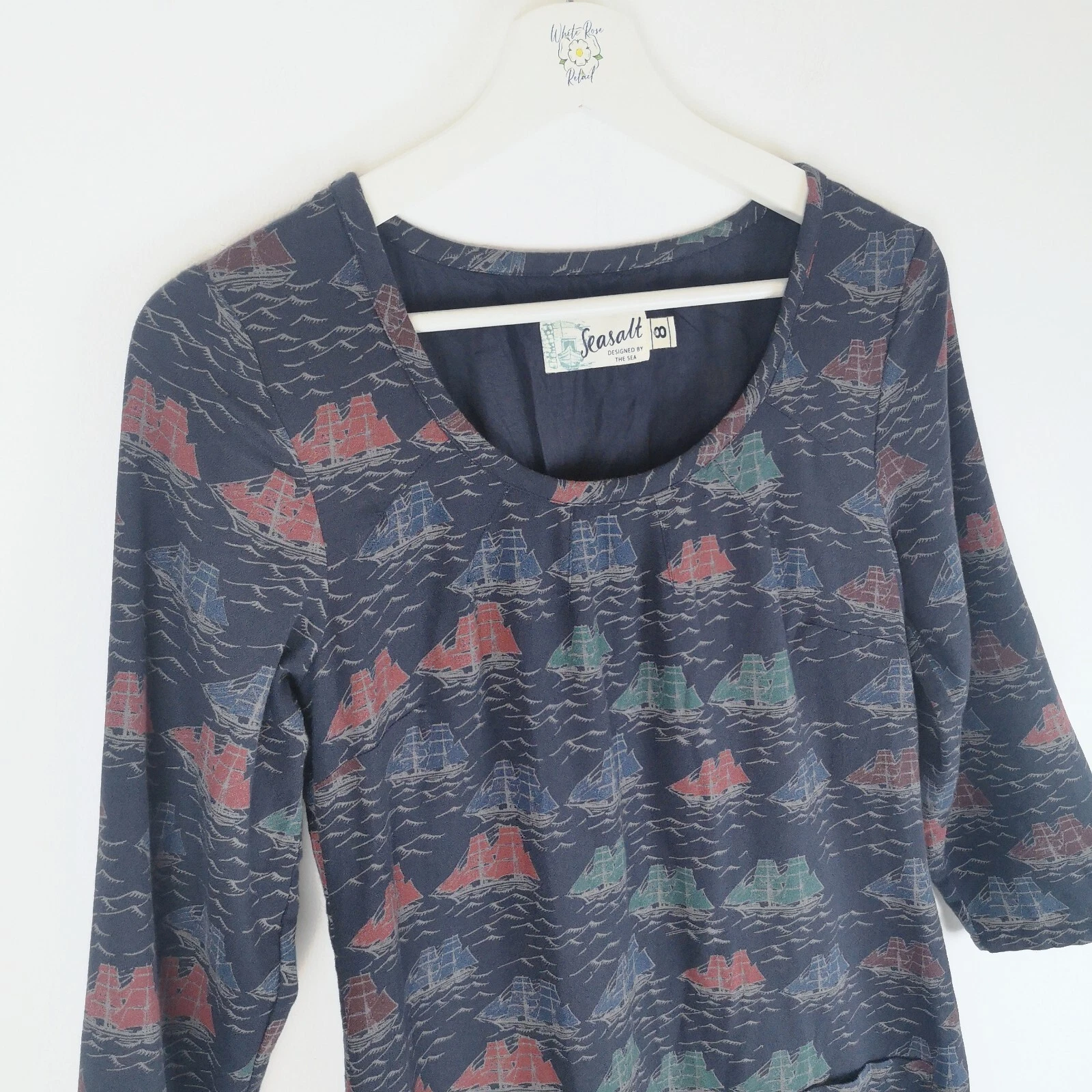 Abito San Valentino Seasalt blu UK 8 nave nautica barca stampa tunica Cornovaglia