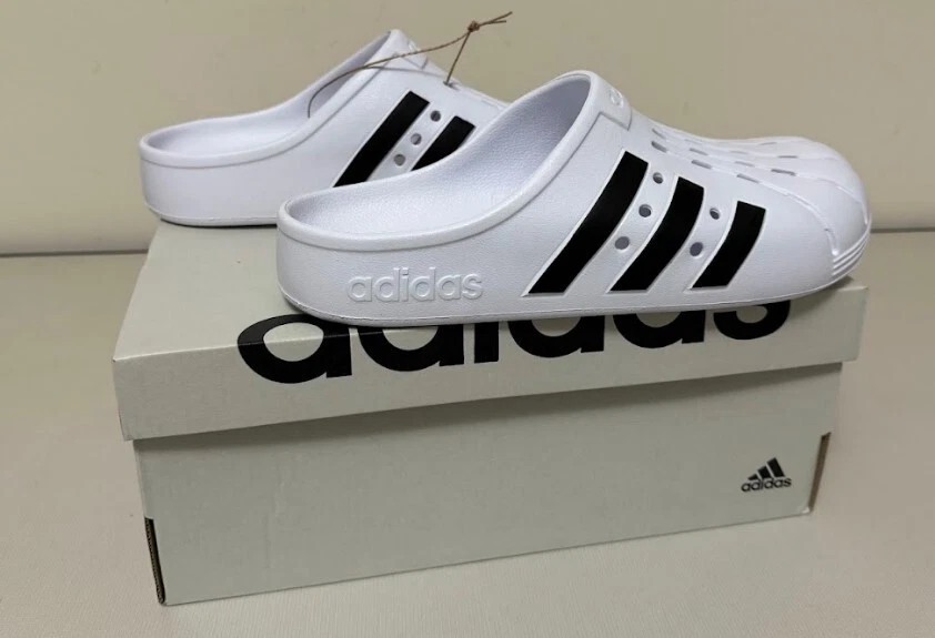 Zoccoli Adidas Adilette bianchi neri FY8970 uomo taglia 8 nuovi nuovi con scatola!