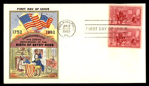 1004 3c Stamp (1952) BIRTH OF BETSY ROSS FDC BY CAPTAIN HERMAN FLUEGEL - PAIR !!