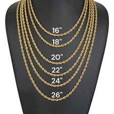 Stainless Steel Gold Plated Rope Chain 4mm Hip Hop Jewelry Unisex, Women, Men