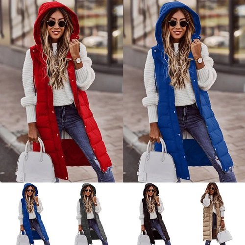 Winter Women's Hooded Quilted Zipper Vest Thick Vest Long and Warm - Foto 2 di 20