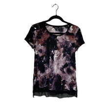 Simply Vera Vera Wang Womens SM Short Sleeve Purple Black Sheer Hem Tunic Top