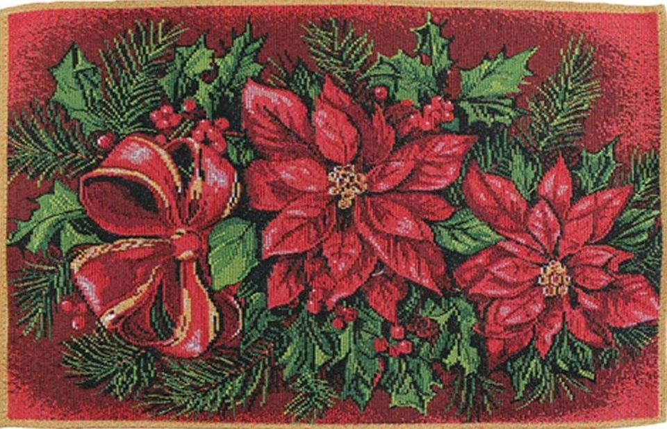 Set of 2 Tapestry Placemats,13"x19", CHRISTMAS POINSETTIA FLOWERS & BERRIES, VL - Image 2 of 4