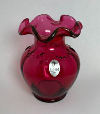 Cranberry Fenton Glass Vase with Draped Bead Design and Ruffle Top 4  Tall