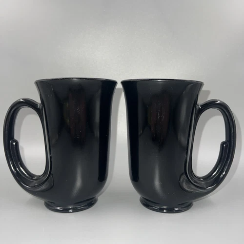 2 Vintage Black Tiara Indiana Glass Mugs Hunter Horn Glasses MCM