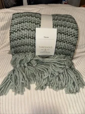 Threshold Mixed Yarn Woven Blanket Throw with Crossed Tassels Multi Green- NWT