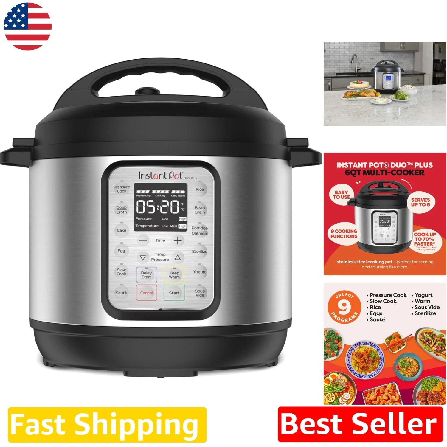 Duo Plus Pressure Cooker 6 Qt: 9-in-1, Stainless, 1000W, Dishwasher Safe, App